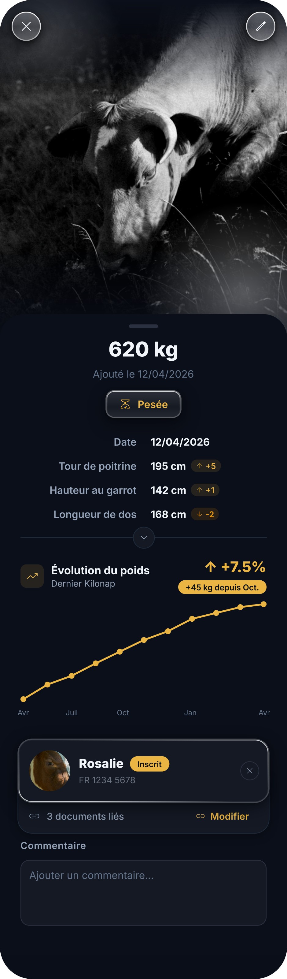 Écran de pesée KiloSnap : 620 kg avec courbe de croissance